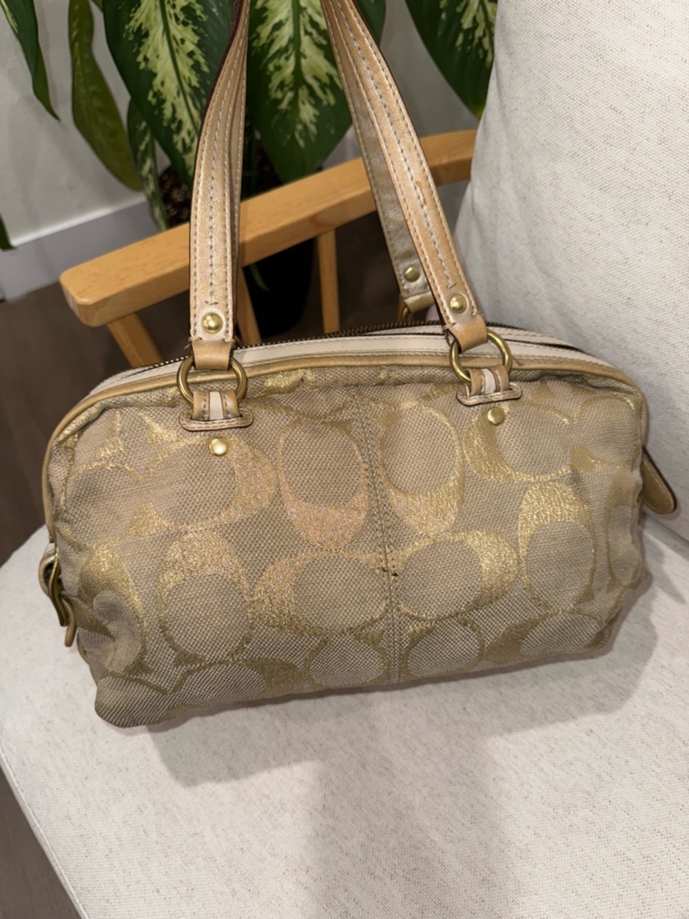 Coach VTG Metallic Gold Bonnie Linen Lurex Satchel Shoulder Handbag Purse #13502 - Picture 5 of 17
